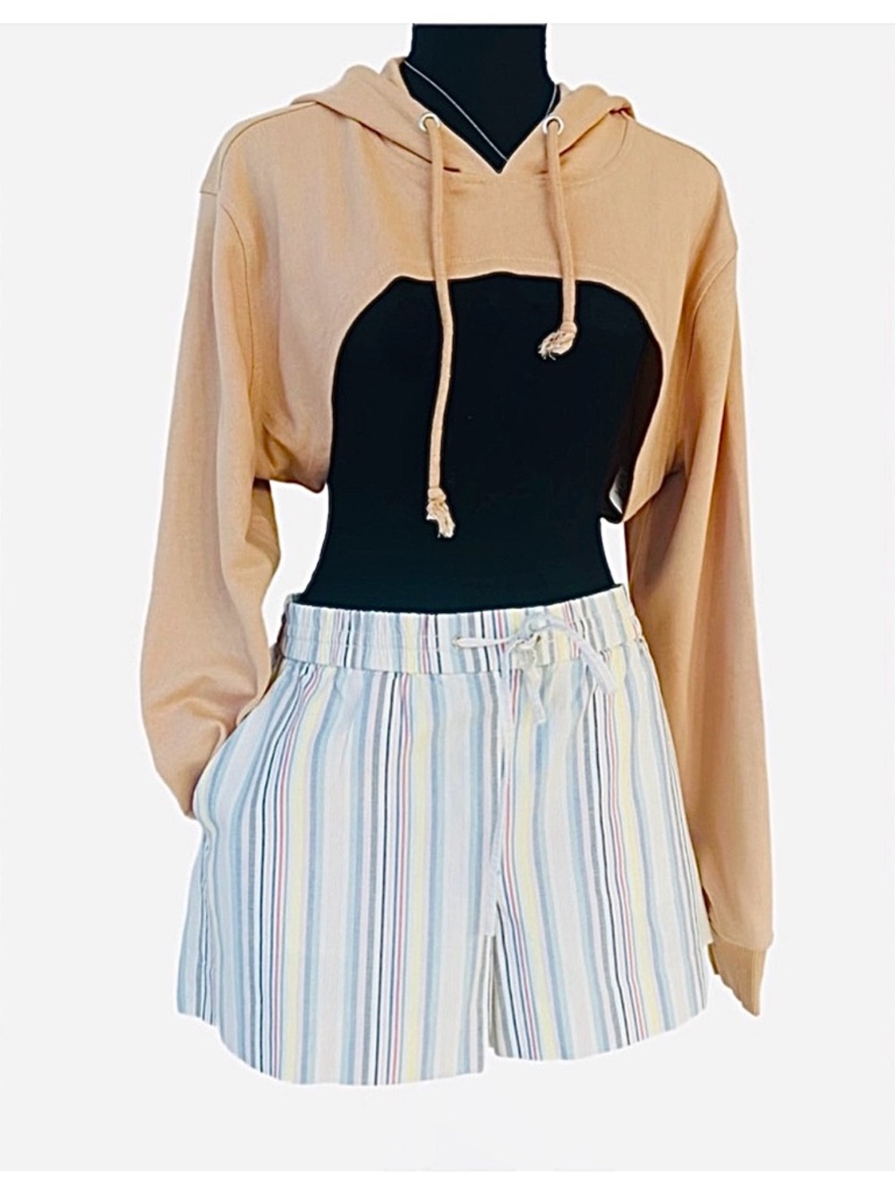 LOFT ~ Striped High-Waist Drawstring Shorts White with Pastel Stripes